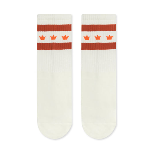 tube socks with two orange stripes and Kings Hawaiian crown between them