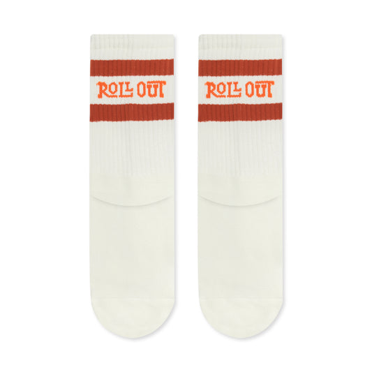 pair of knitted tube socks with two orange  stripes and "roll out" between them