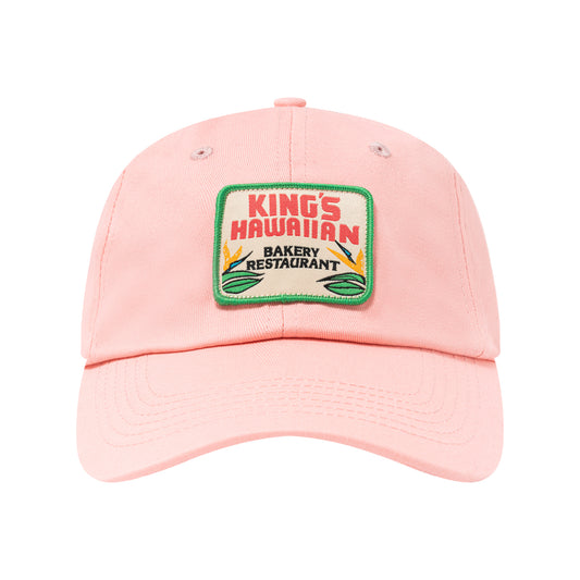 King's Hawaiian hat in pink. Front patch that reads, "King's Hawaiian Bakery Restaurant."