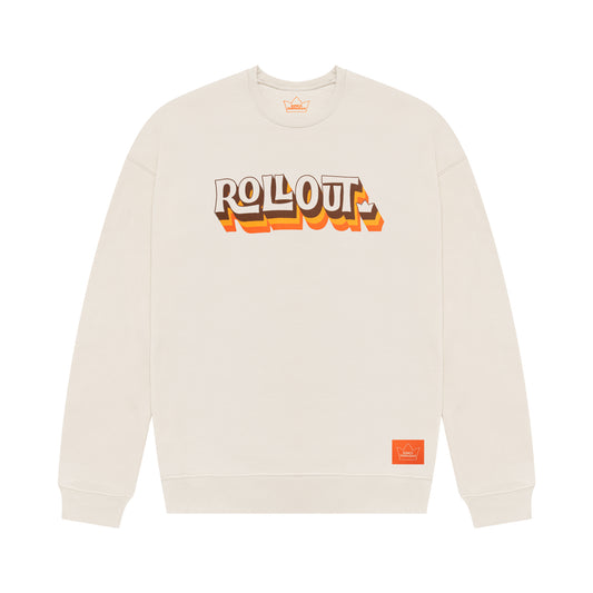 King's Hawaiian crewneck sweater in white. Front retro graphic that reads, "Rollout." Woven label on bottom right.